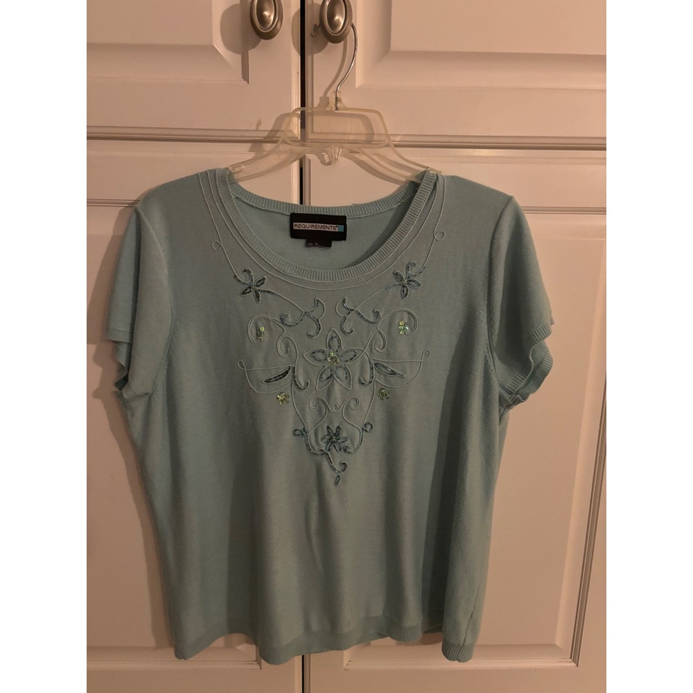 Requirements‎ Women's Blue Short Sleeve Embellished Sweater Top XL